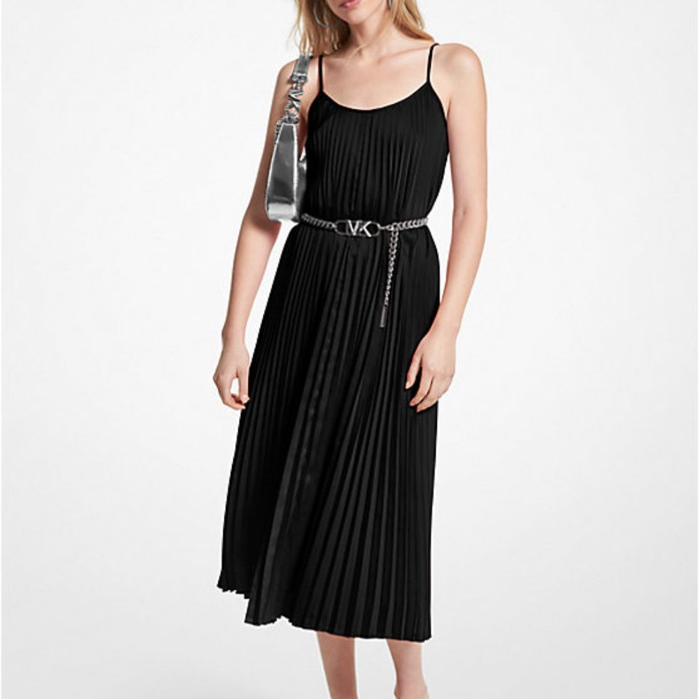 New🖤Michael Kors Pleated Black Satin Belted Slip Dress